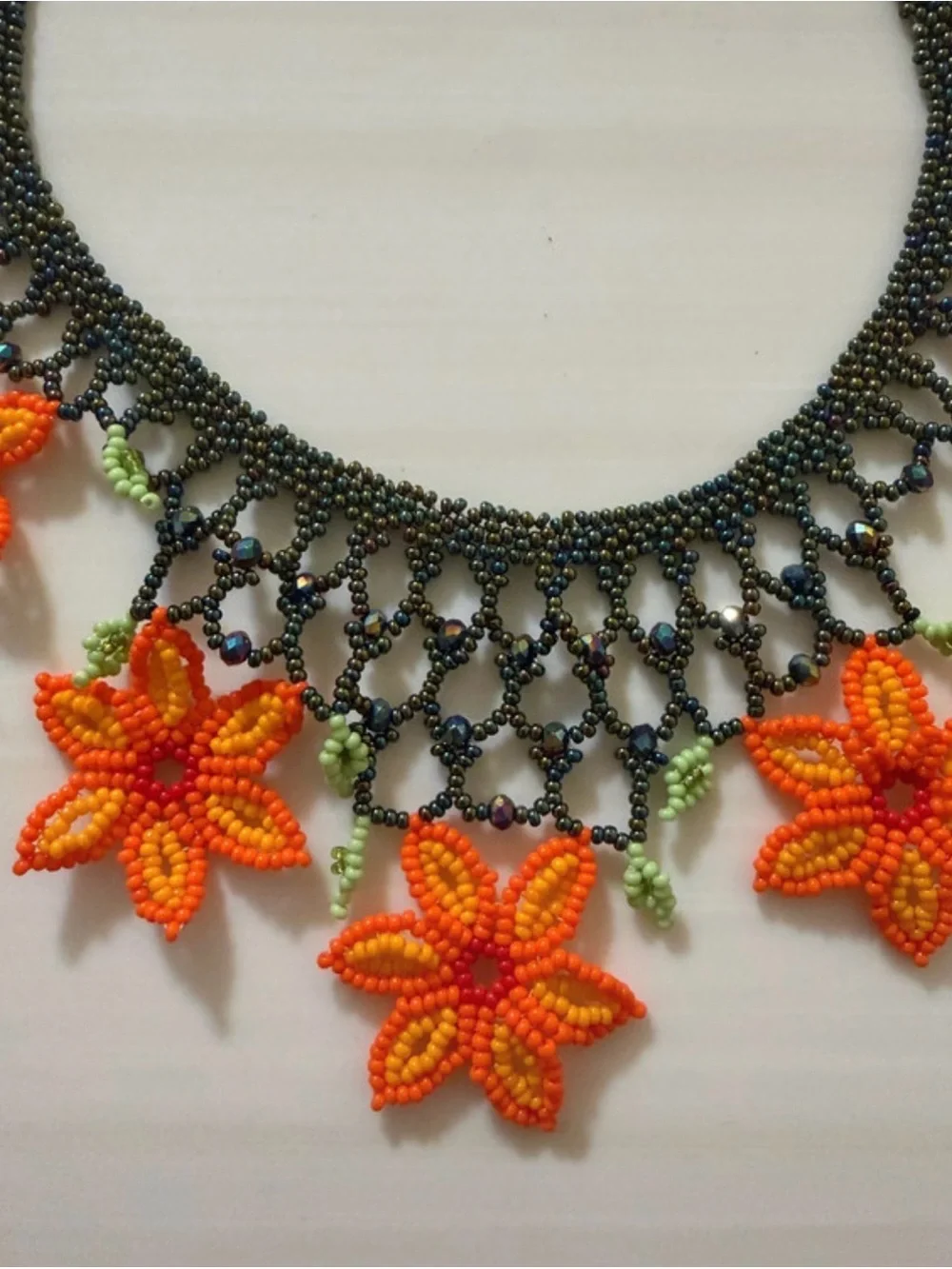 Handmade Orange Beaded Floral Statement Necklace